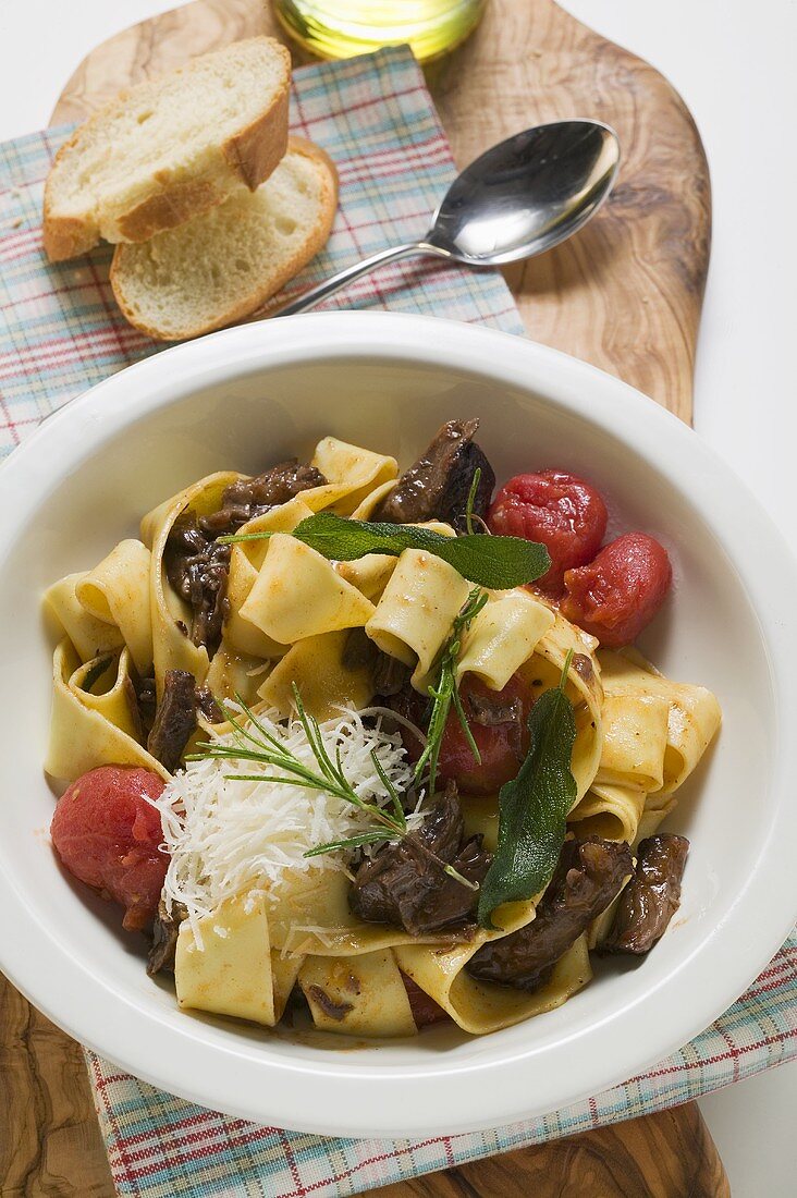 Pappardelle with braised oxtail, tomatoes, sage