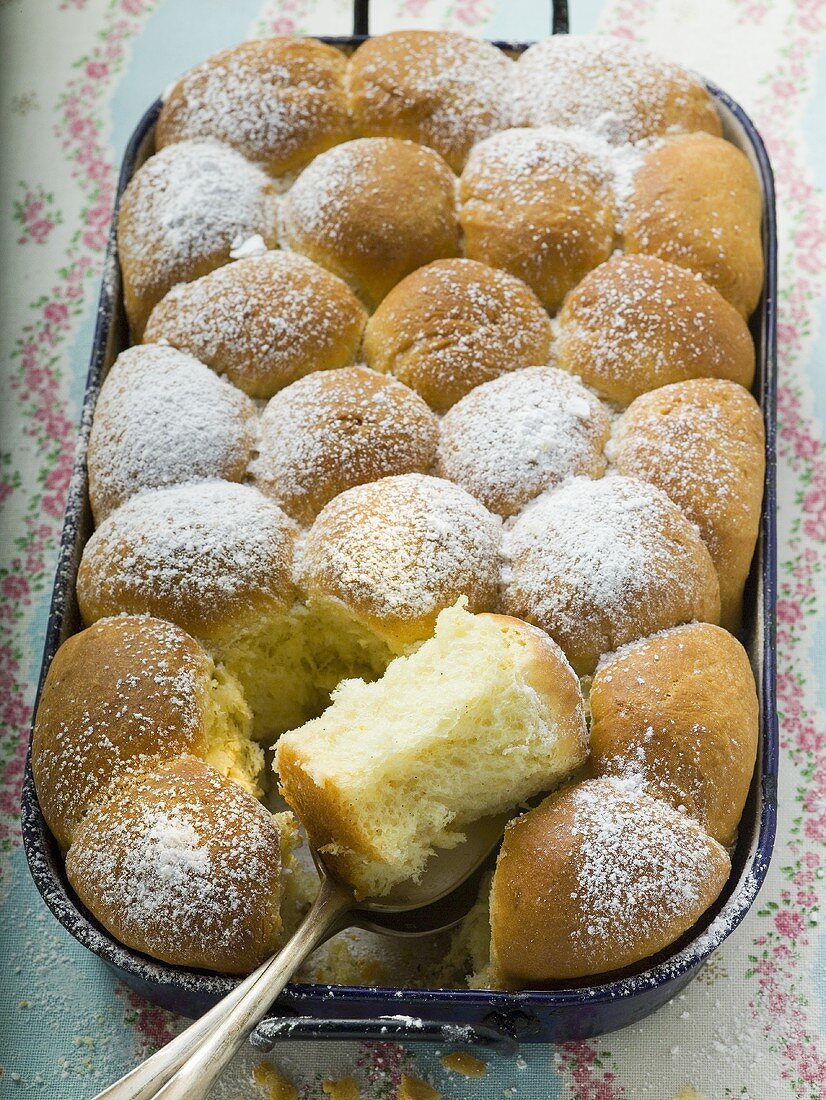 Buchteln (sweet yeast rolls) with icing sugar in baking tin