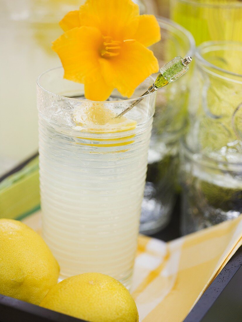 Glass of lemonade with flower, lemons on tray