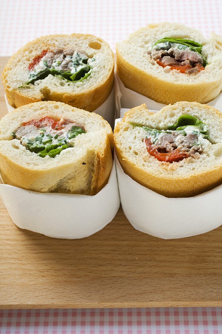 Pork, pepper and spring onion baguette sandwiches