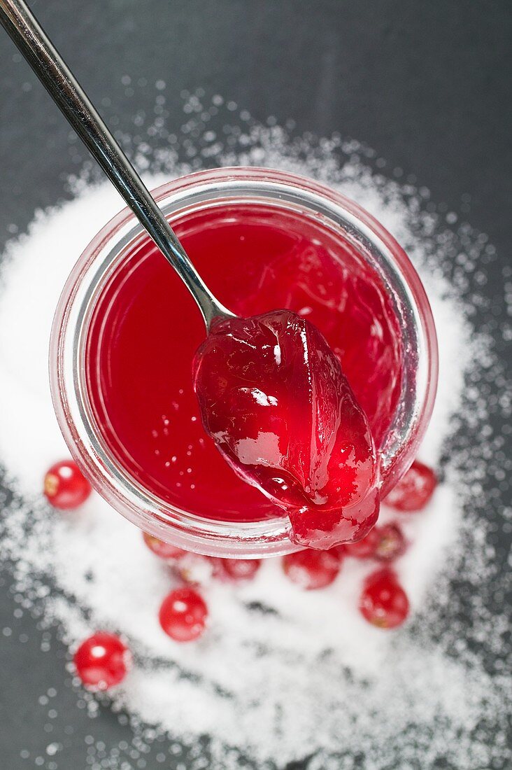 Jar of redcurrant jelly with spoon, sugar and redcurrants