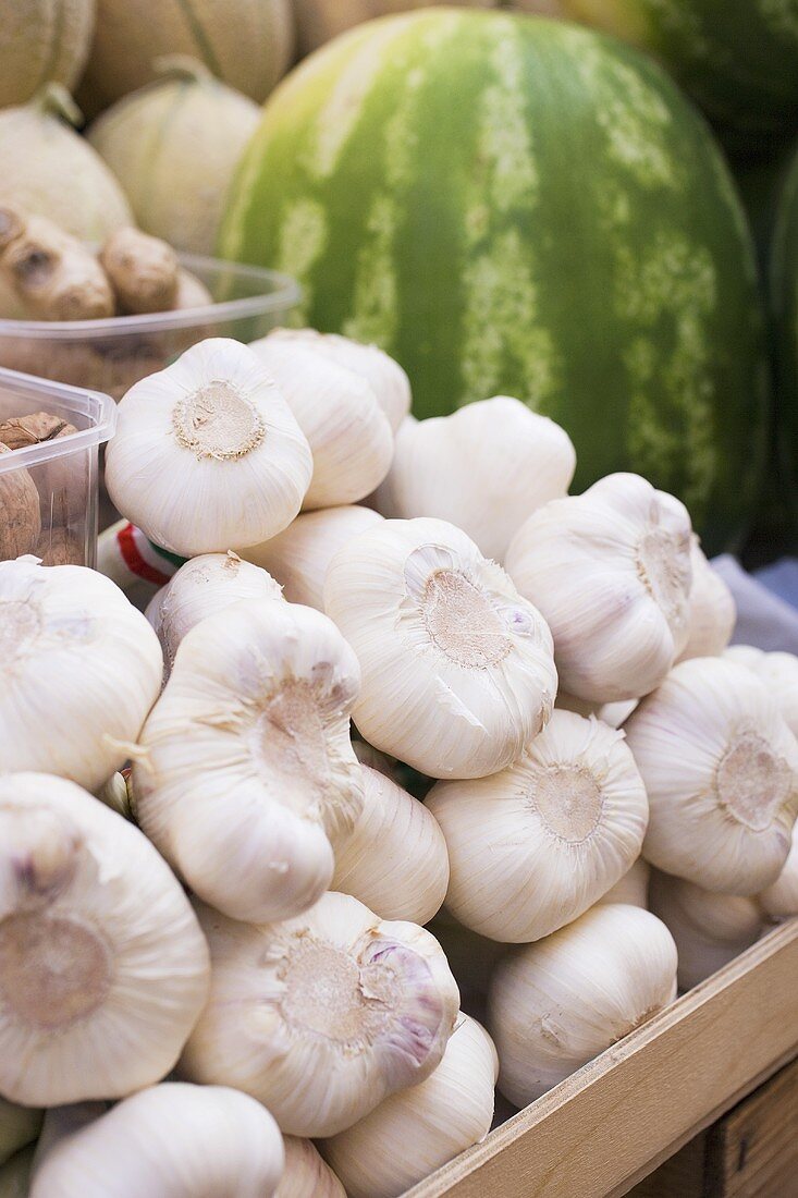 Garlic in a crate at a market