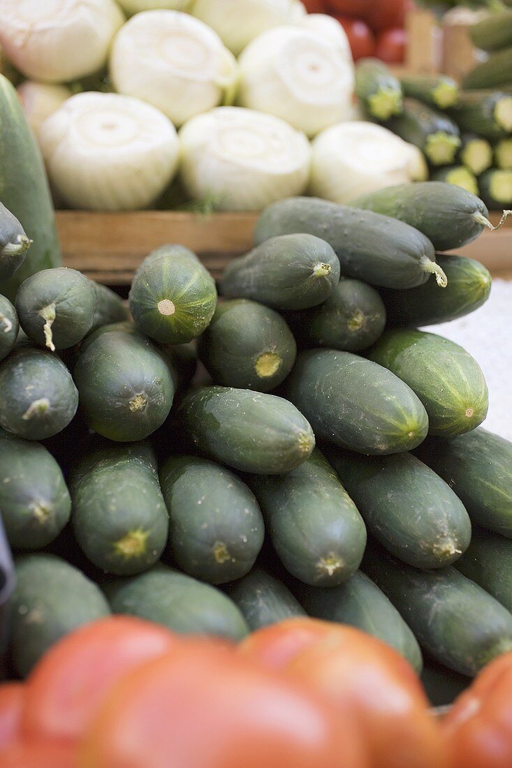 Cucumbers, in a pile, at a market