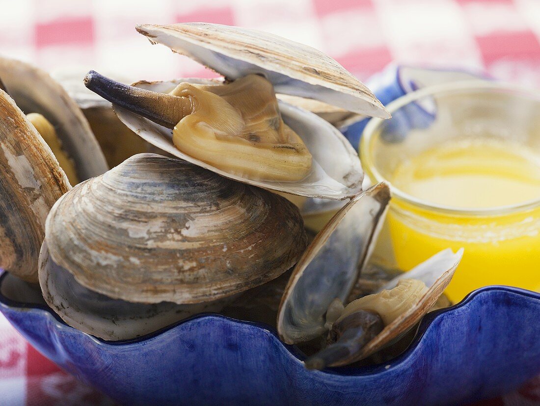 Steamed clams with butter sauce (close-up)