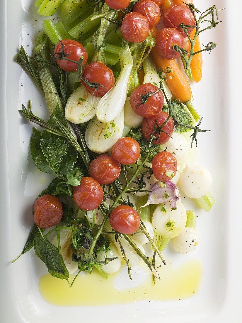 Roasted cherry tomatoes, celery, spring onions, carrots