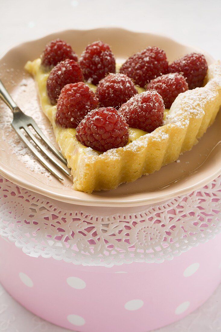 Piece of raspberry tart with vanilla cream