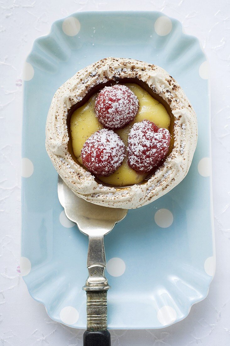 Meringue shell with raspberries, vanilla cream & icing sugar