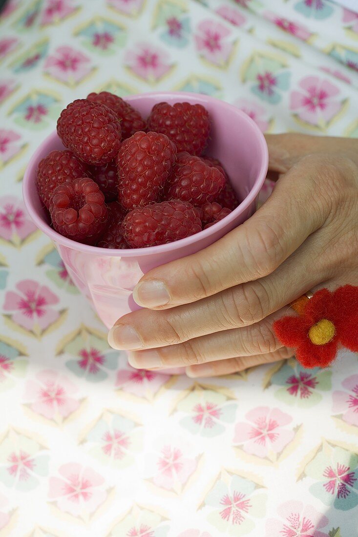 Hand hält rosa Becher mit frischen Himbeeren