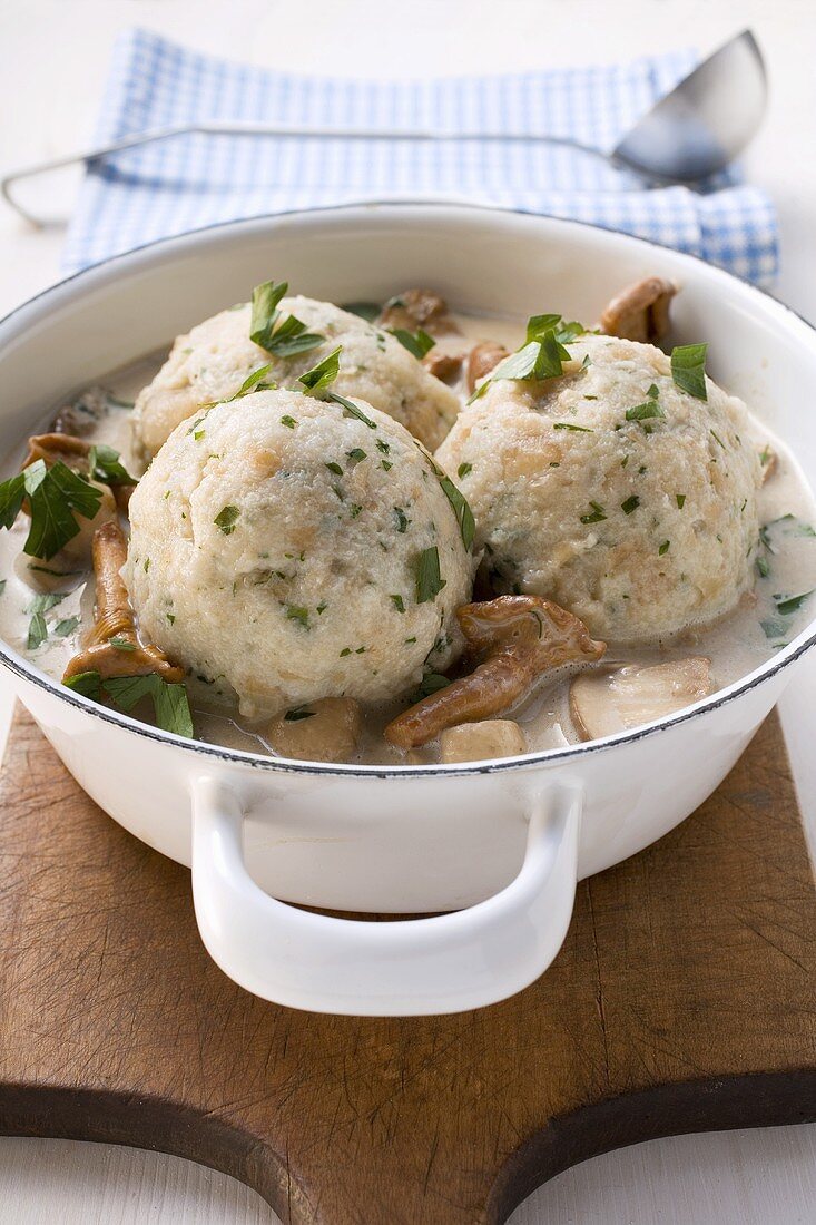 Bread dumplings with mushroom ragout in pot