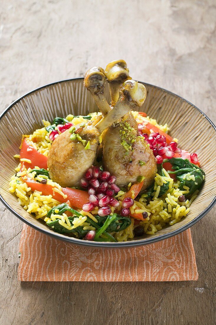 Chicken legs with saffron rice & pomegranate seeds (Asia)