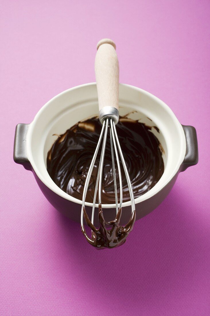 Remains of chocolate sauce in pot and on whisk