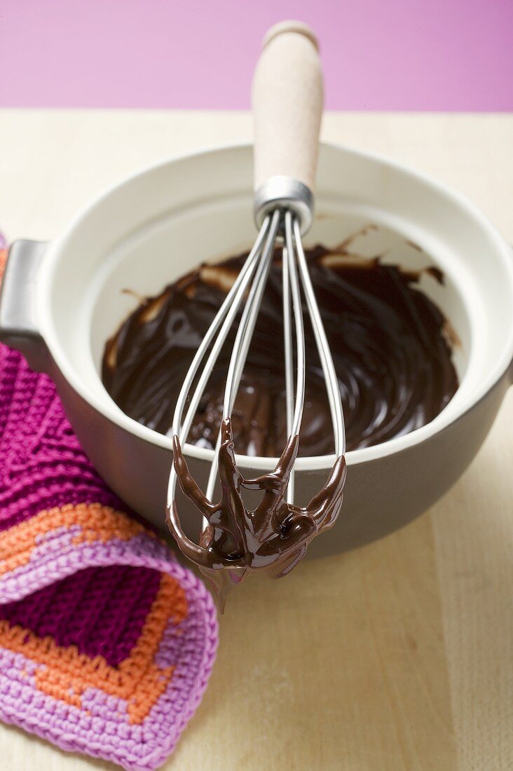 Remains of chocolate sauce in pot and on whisk