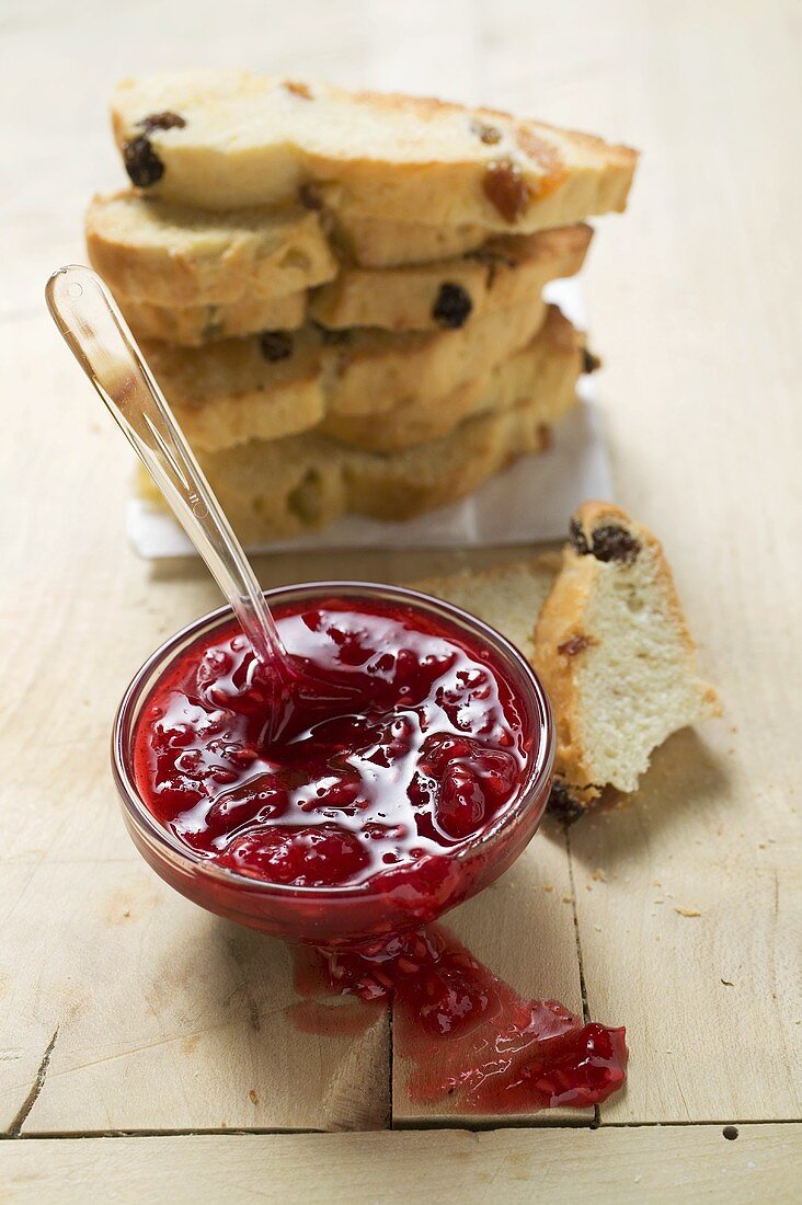 Raspberry jam and raisin bread