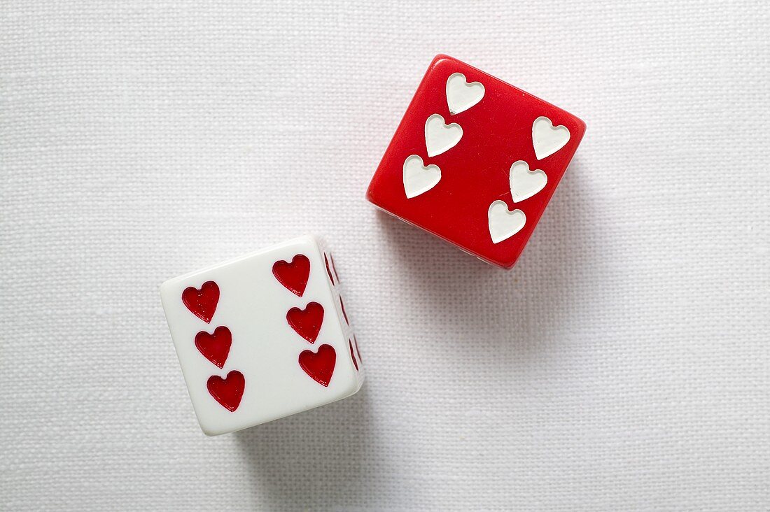 Two dice with hearts for Valentine's Day