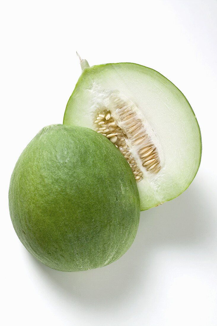 Green honeydew melon, halved