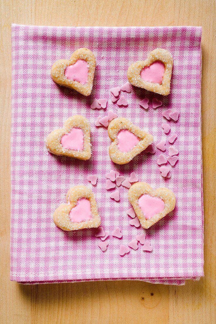 Heart-shaped biscuits with pink icing for Valentine's Day