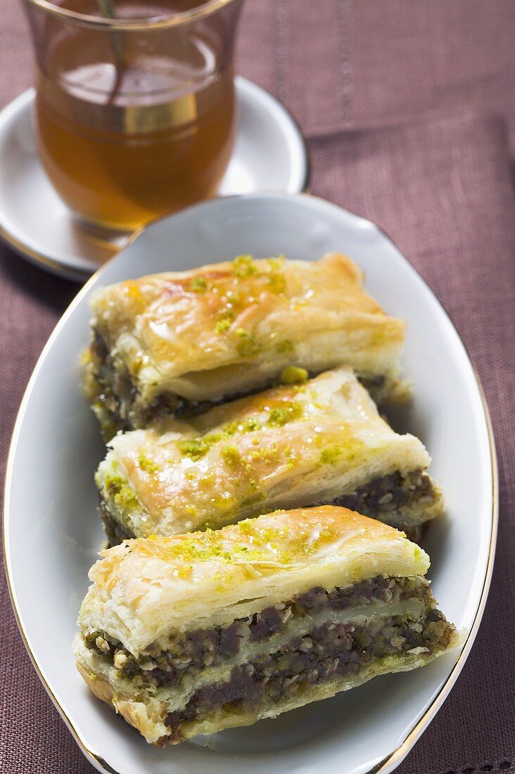 Baklava (Filo pastry with honey & pistachios, Turkey), mint tea