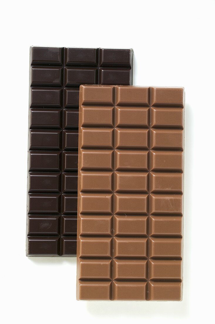 Two bars of chocolate: dark chocolate and milk chocolate