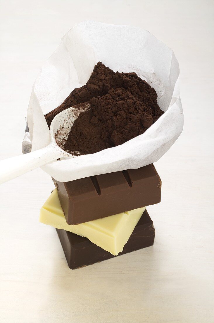 Kakaopulver in Tüte mit Schaufel auf Schokoladenstücken