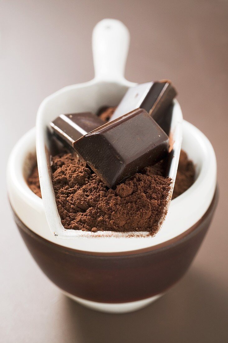 Schokoladenstücke und Kakaopulver in Schaufel und Schale