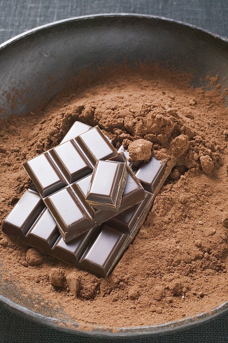 Kakaopulver und Schokoladenstücke in Schale