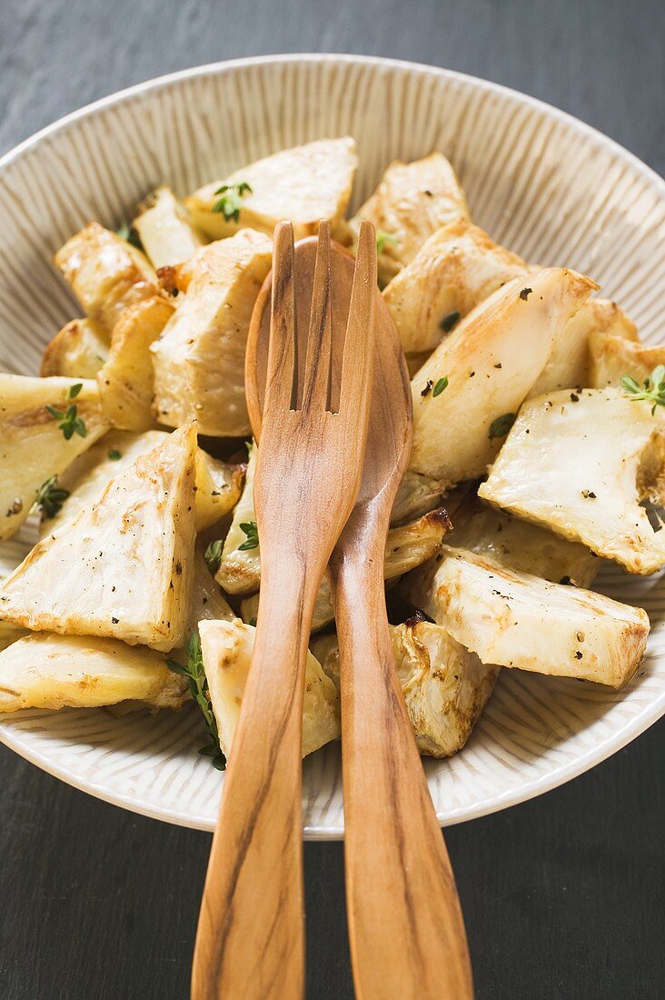 Roasted chunks of celeriac in dish