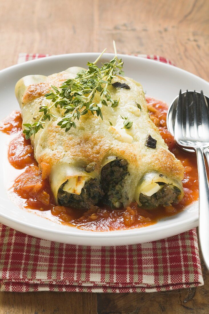 Cannelloni with spinach & sheep's cheese filling in tomato sauce