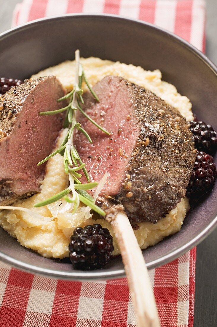 Rack of venison with celeriac puree, blackberries & rosemary