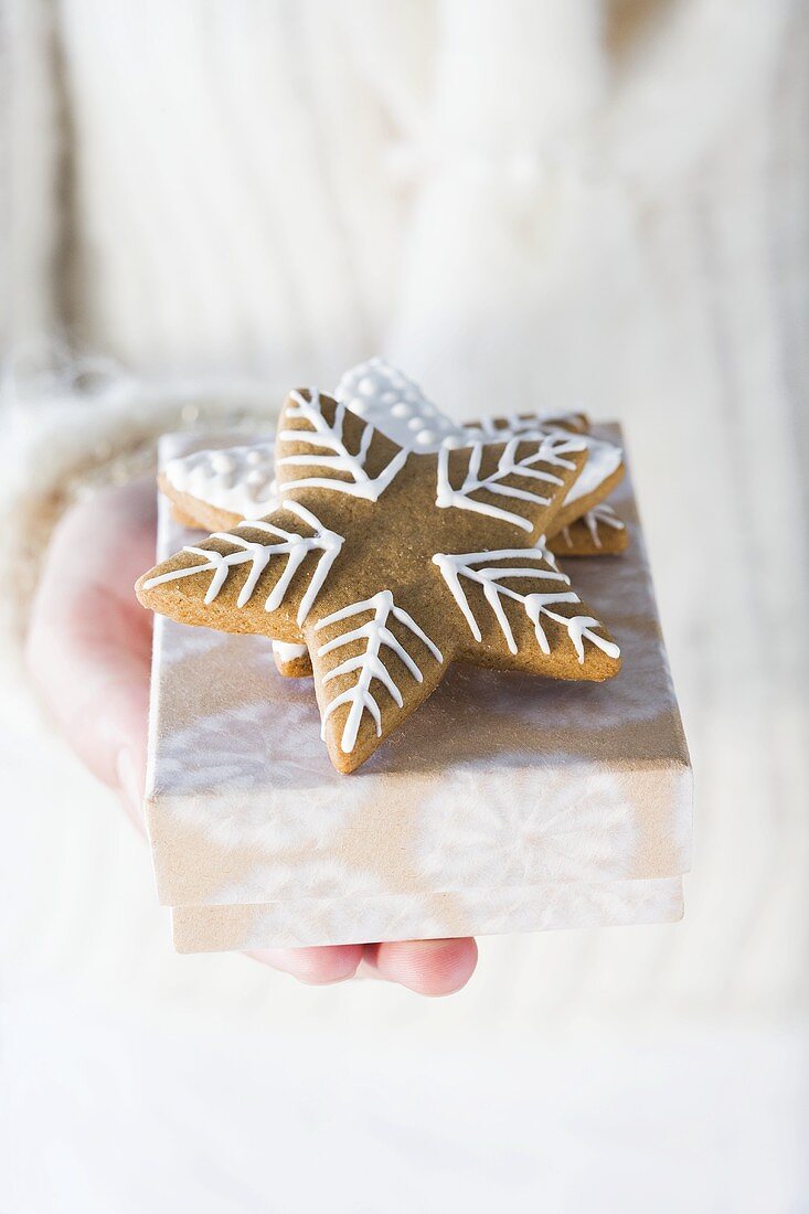 Hands holding gingerbread stars on small box