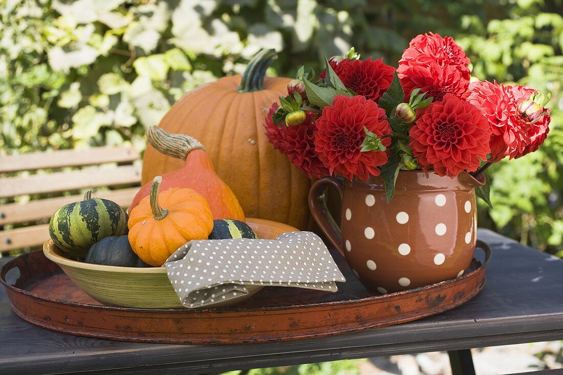 Squashes, pumpkins and flowers on table in the open air