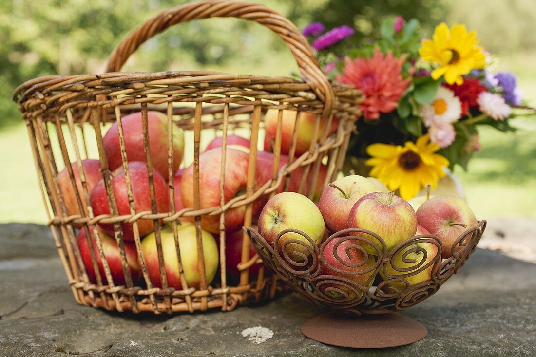 Frische Äpfel in Korb und Schale auf Steinmauer im Garten