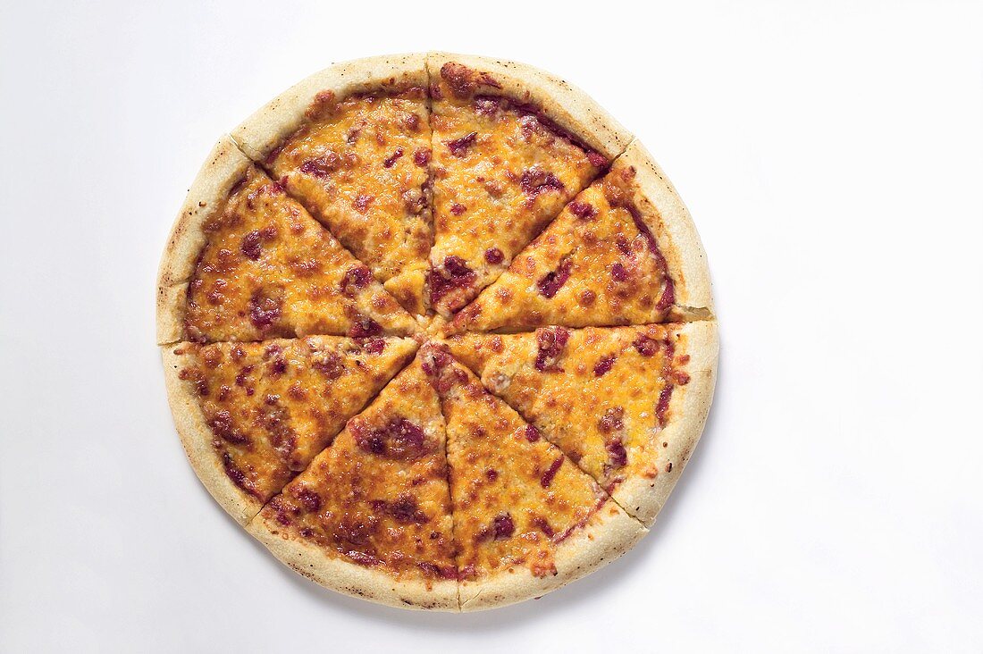 Pizza Margherita, cut into slices (overhead view)