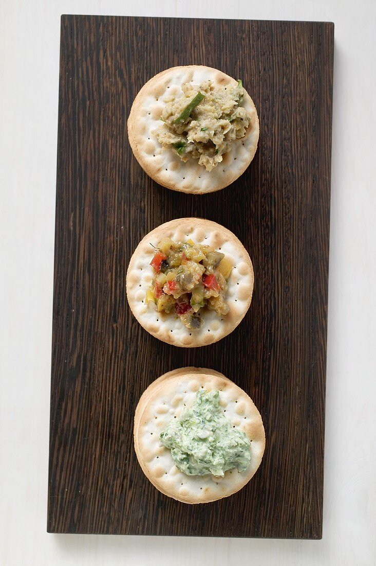 Crackers with three different spreads