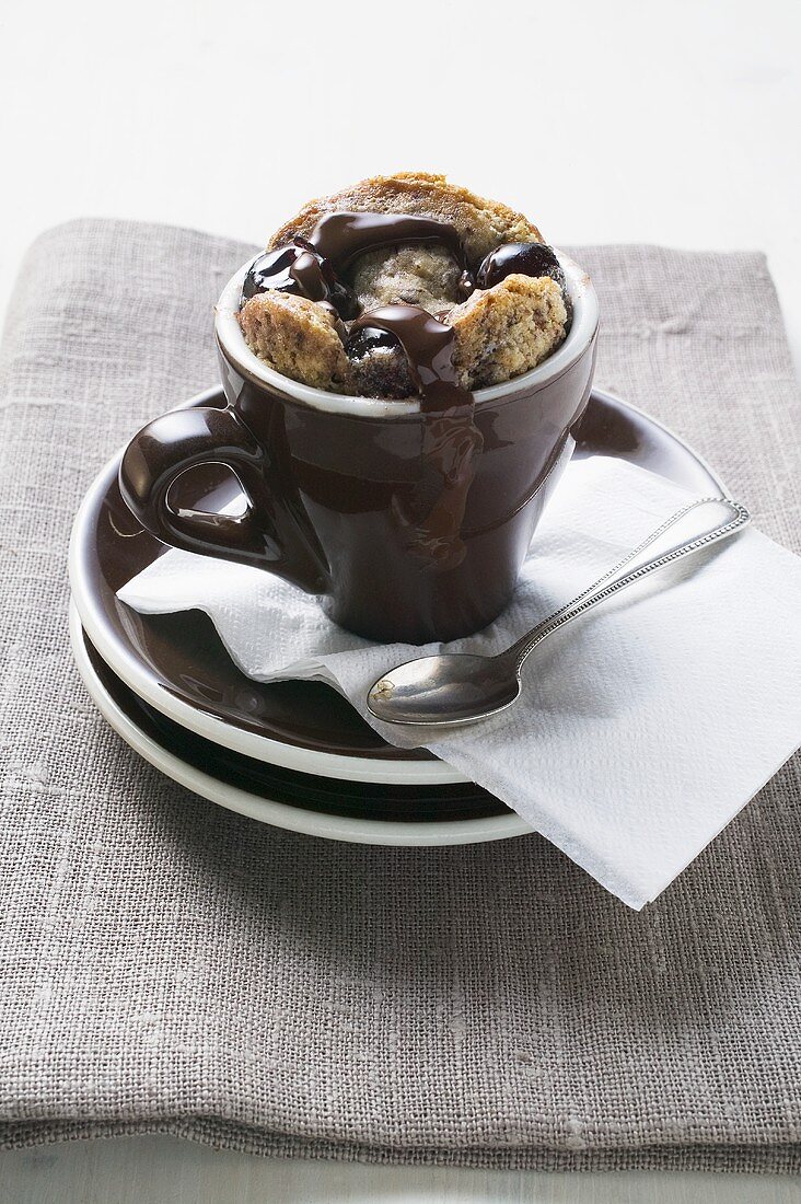 Chocolate and Amerana cherry pudding in espresso cup