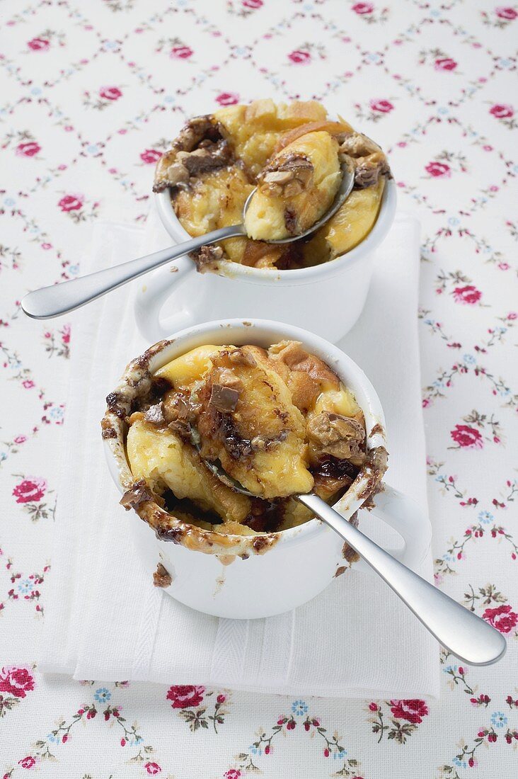 Chocolate bread and butter pudding in two cups