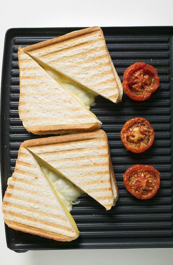 Toasted cheese sandwiches and tomatoes on grill plate