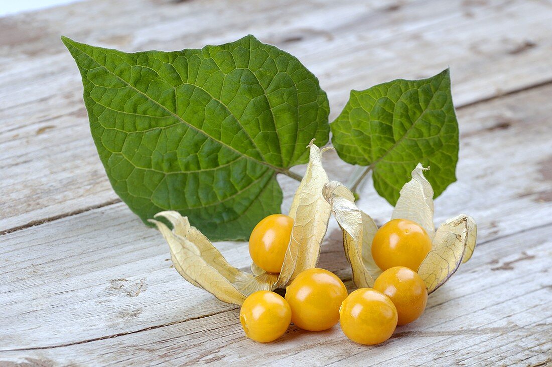 Cape gooseberries with leaves on wooden background