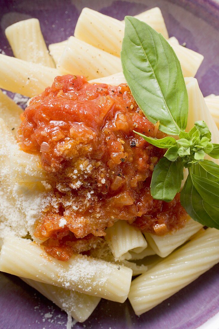 Rigatoni mit Tomatensauce (Close Up)