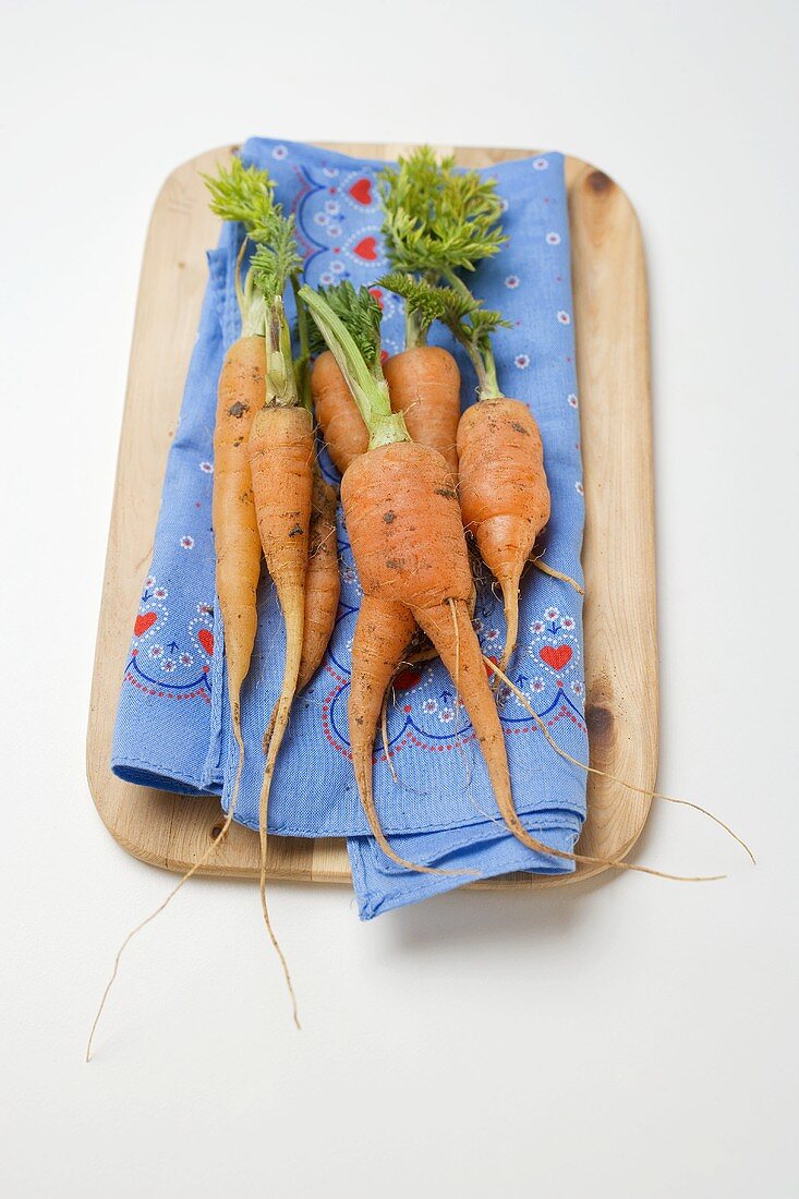 Young carrots on coloured cloth on chopping board