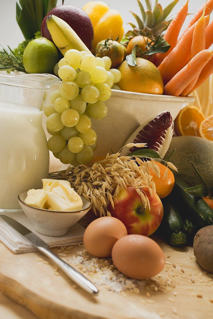 Fresh vegetables, fruit, eggs, butter and milk