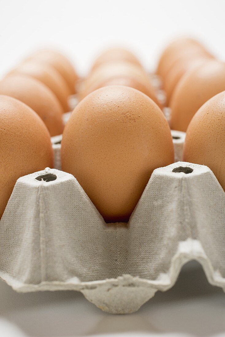 Brown eggs in an egg box