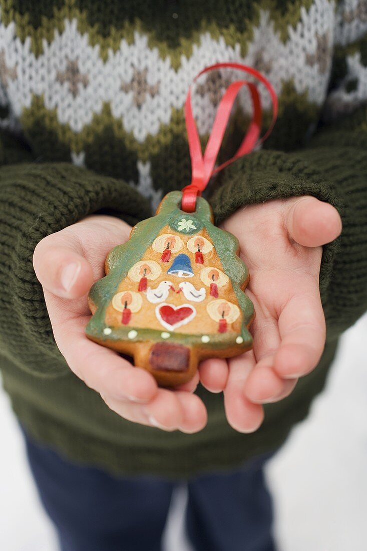 Child holding gingerbread Christmas tree (tree ornament)