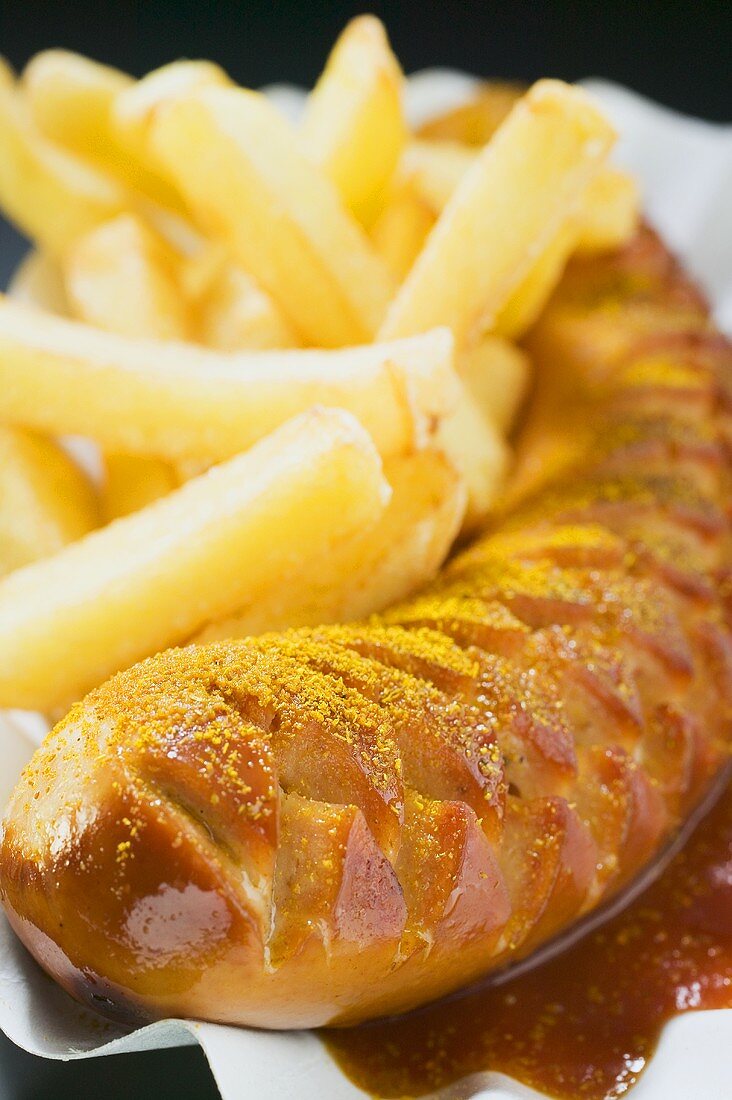 Currywurst mit Pommes frites und Ketchup (Close Up)