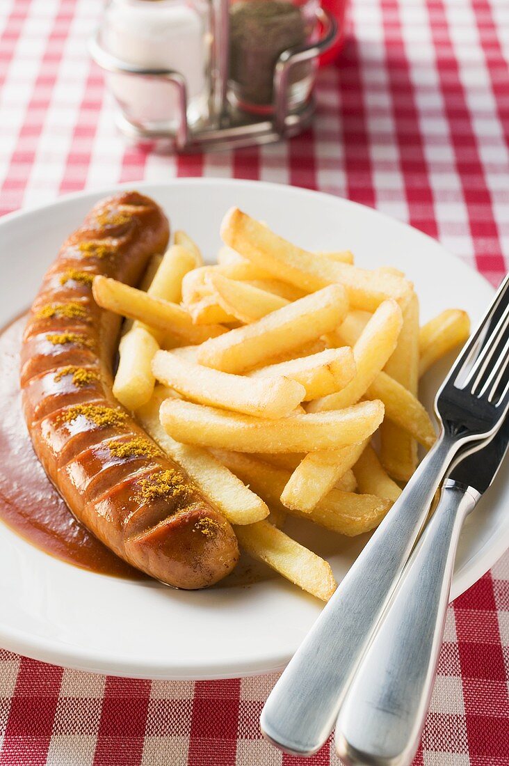 Currywurst (sausage with ketchup & curry powder) & chips in restaurant