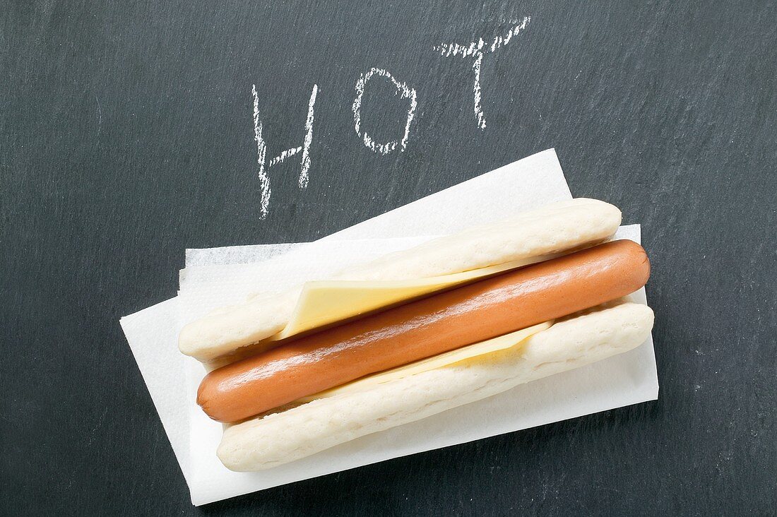 Hot dog with cheese on paper napkin, the word 'HOT'