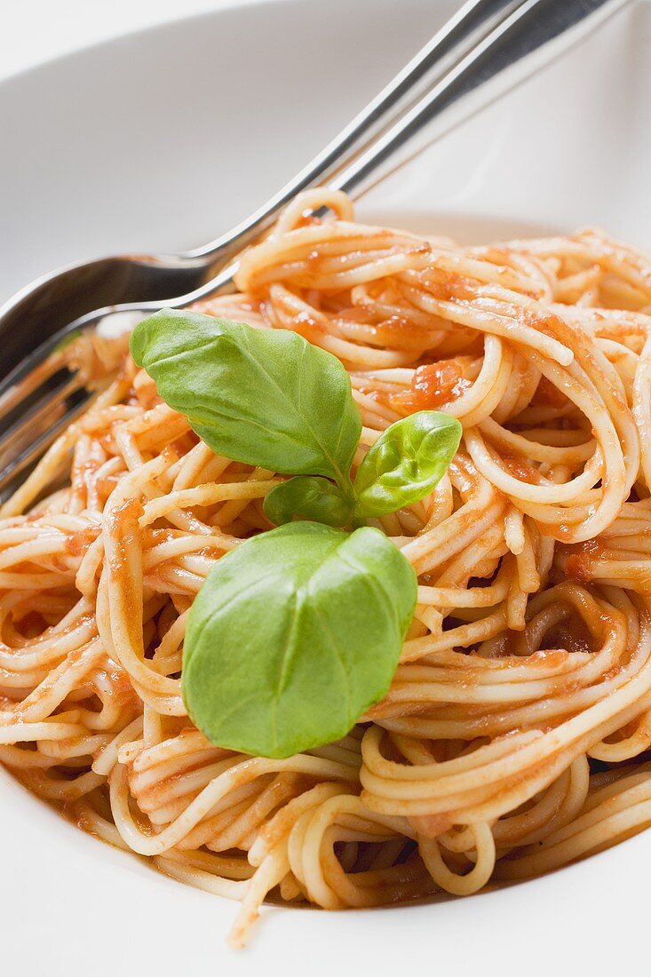 Spaghetti mit Tomatensauce und Basilikum (Ausschnitt)