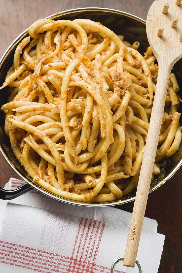 Macaroni with mince sauce in pan