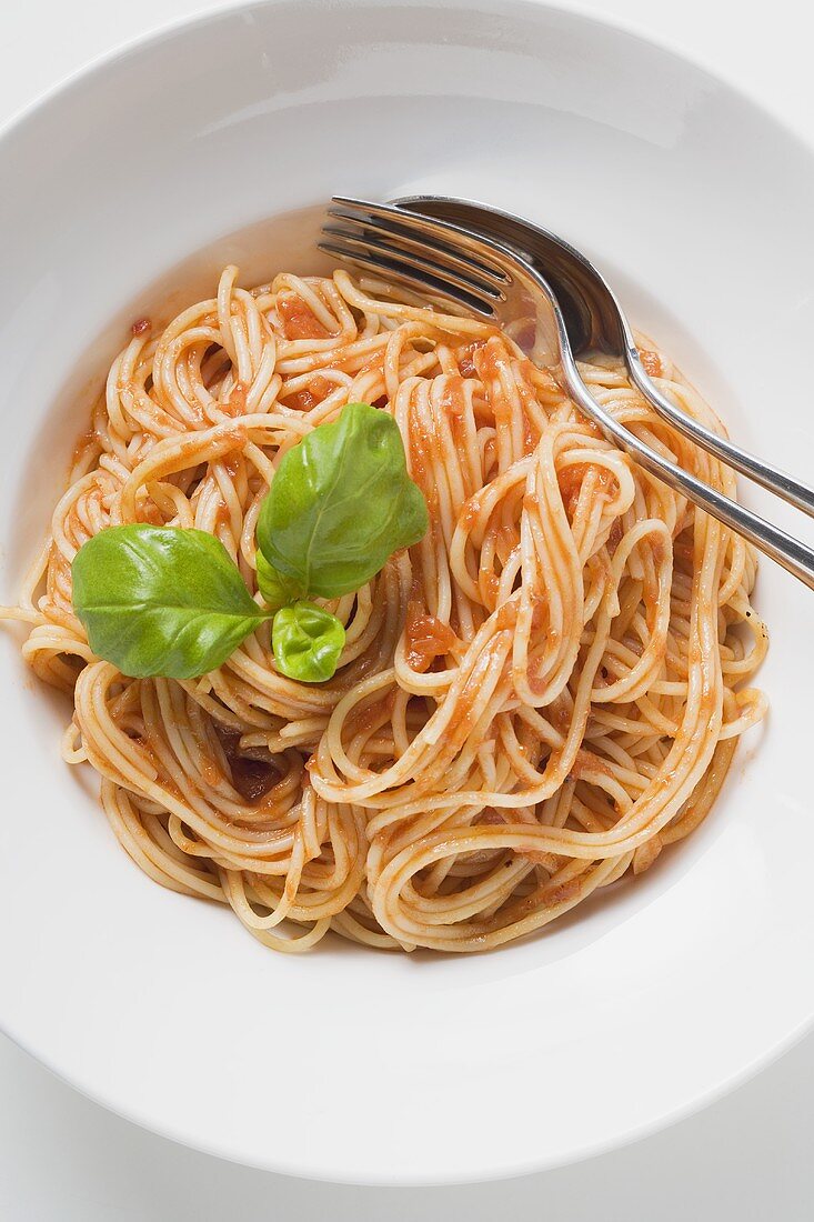 Spaghetti mit Tomatensauce und Basilikum