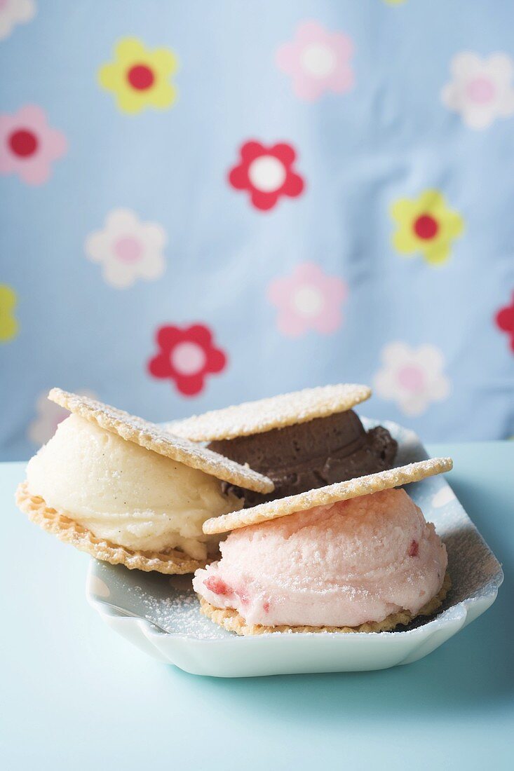 Strawberry, vanilla & chocolate ice cream sandwiches