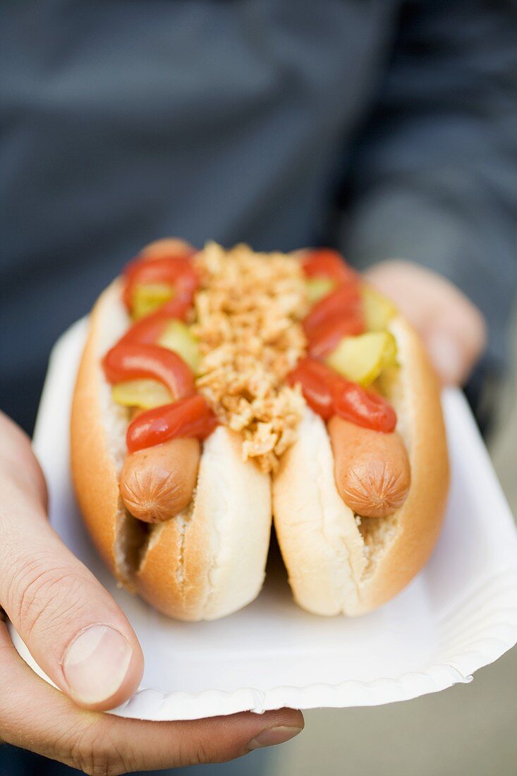 Hände halten Pappteller mit Hot Dogs